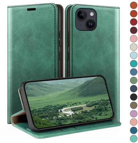 HUOUH for iPhone 15 6.1 Wallet case with RFID Blocking PU Leather,Flip Folio Book covers,Credit Card Holder Shockproof Phone case Women Men for Apple 15 case Sea Green