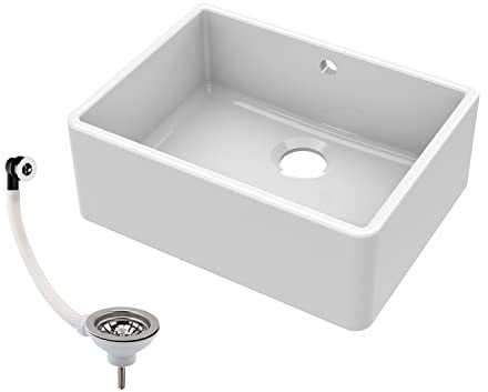 Balterley 595mm Butler White Kitchen Sink, Single Bowl with Waste & Overflow, Durable Butler Fireclay Ceramic Kitchen Sink Bowl, Apron Front Farmhouse Sinks - 595 x 450 x 220mm (White)