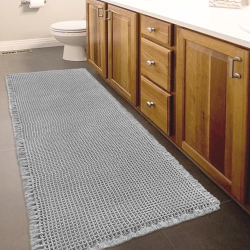 Mavicen Waffle Badezimmerteppich rutschfeste Badematte, Weich Groß Badteppich Saugfähige Badvorleger, maschinenwaschbar Badematten Boho für Badezimmer, Flure und Küche - 61x183cm, Grau