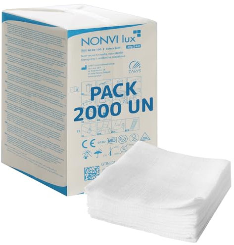 Compresas Nonvi lux de Tejido no Tejido, No Estériles 5x5 cm - 20x100 Unidades | Para Bebés y Mayores | Suaves y Absorbentes, 4 Capas, 30g | Ideal para Apósitos, Limpieza y Heridas