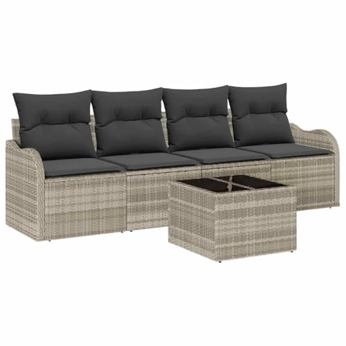 vidaXL 5-teiliges Garten-Sofa-Set mit Kissen in Hellgrau aus Poly-Rattan. Modulares Outdoor-Sitzmöbel mit verstellbaren Füßen und handgewebter Ausführung für die Terrasse.