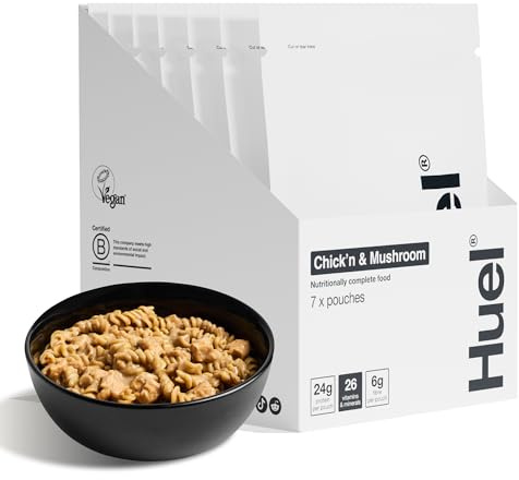 Huel Hot & Savoury – Chick’n & Mushroom Pasta (7 Portionen), Vegane Protein-Mahlzeit mit 25 g Eiweiß, 26 Vitamine & Mineralstoffe, Pflanzliches Fertiggericht, Ausgewogen & Nährstoffreich