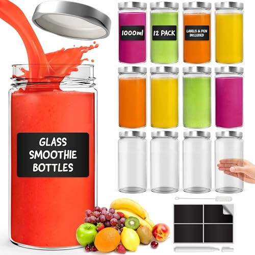 Glass Mason Jars with Lids 1000ml - 12 Pack, Leakproof Glass Bottles with Lids for Airtight Seal, Drinking Bottle Ideal for Smoothies, Milkshakes, Sauces, Food Storage, Juice, Beverages, Infused Water
