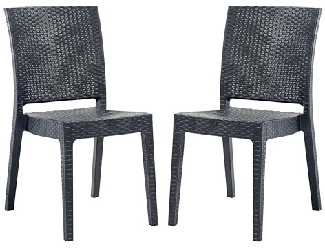 BrackenStyle Madrid Rattan Effect Polypropylene Stacking Side Chair - Indoor and Outdoor Commercial Use (Anthracite) - Set of 2