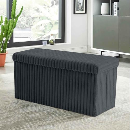 BLOOM BLENDS Ribbed Velvet Storage Ottoman Box – Foldable, Stylish & Multi-Purpose Seat with Lid | Available in 5 Colours | Bedroom, Living Room, Entryway (Charcoal (76x35x36cm), Large (76x35x36cm))