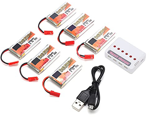 6pcs 3.7V 650mAh Rechargeable Lipo Battery Pack with JST Plug and 6‑in‑1 Charger for RC Car