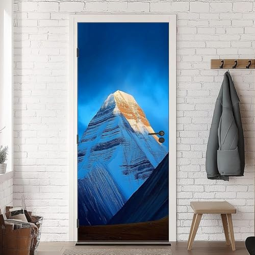 TACOKI Sticker Porte Montagne Enneigée, Stickers Porte Trompe L'oeil Bleu Autocollant Poster Auto-Adhésif Art Décor Pour Chambre Salon Salle de Bain Papier Peint 88x200 cm v6097