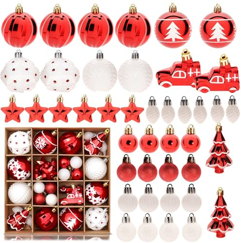 42Pcs Baubles Christmas Decorations, Shatterproof Christmas Ball Ornaments, White and Red Bauble for Xmas Tree, Ball Balls Xmas Baubles for Winter Festive Holiday Home Office Decoration