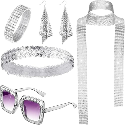 Abba Outfit Damen, 5-teiliges Glitzer-Set mit Ohrringen, Schal, Armband, Stirnband und Brille, für 70er 80er Mottoparty, Karneval, Halloween, Musikfestival und Bühnenperformance