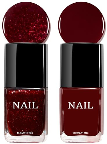 Stark Funkelnder Nagellack Bordeauxroter Set - 2PCS Nagellack Weinrot mit Glitzer - Atmungsaktiv Schnelltrocknender Nail polsih - Langanhaltender Regular Nail Polish Quick Dry, 30Ml (RED B)
