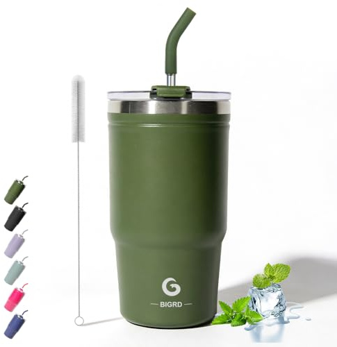 BIGRD 20oz Insulated Coffee Cup Travel Mug with Straw and Lid 591ml,Leak Proof Stainless Steel Office Water Bottle Keeps Cold and Hot for 8 Hours,Army Green