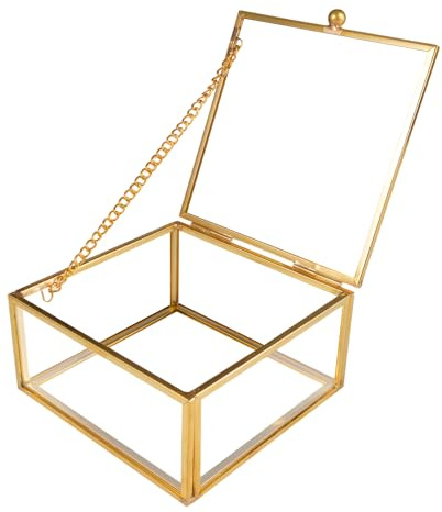 TESSTSY Glas Schmuck Box, Schmuckkästchen Glas, Goldene Vintage Glasbox