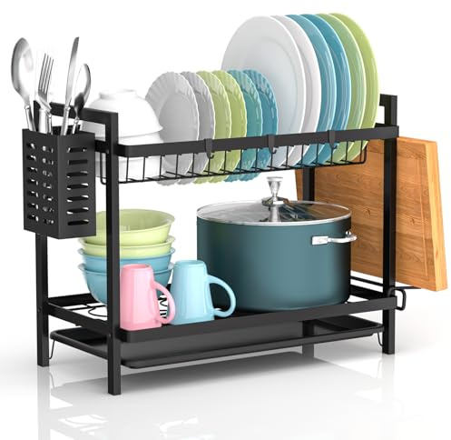 2 Ebenen Abtropfgestell Geschirr Geschirrkorb Geschirrabtropfgestell Edelstahl Geschirr Abtropfständer Geschirrabtropfgestell mit Utensilienhalter Abtropfschale Haken für Küchentheke Spüle Organizer