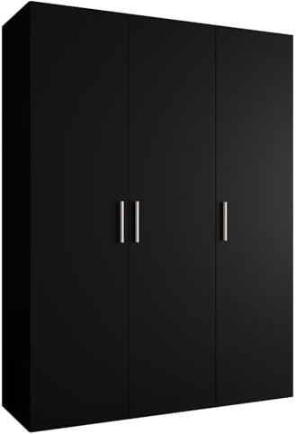 MEBLE KRYSPOL - Kleiderschrank - Garderobenschrank - 150 cm x 202 x 52 cm - Schrank mit Kleiderstange, 3 Türen - für Schlafzimmer, Flur - BARI, Schwarz, Griff Silber