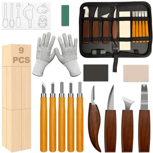Hyhuiyin 27PCS Woodworking Tools Set, Wood Carving Kit Professional Whittling Craft Set with Basswood Blocks Grinding Tools Storage Bag Deluxe Hand Tool Kit for Beginners Adults DIY Fun