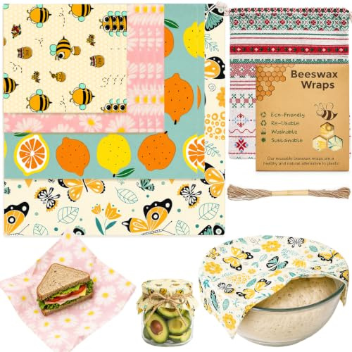 Amentalove 10 Stück Bienenwachstücher für Lebensmittel Set 4 Größen, Naturwachs und Bio-Baumwolle, Wiederverwendbare Bio Wachstücher mit Baumwoll Leinen Sack Hanfseil für Brot Käse Obst Aufbewahren