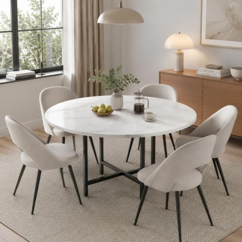 LZLUCKCOME Runder Esstisch Ø 120 cm für 4–6 Personen in weißer Marmoroptik | Esszimmertisch mit schwarzem Metallgestell, verstellbaren Füßen und pflegeleichter Tischplatte für Küche und Esszimmer