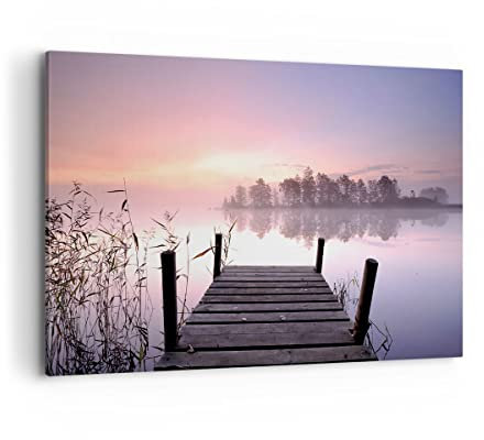 Wandbilder Dekoration Wohnzimmer Morgen Sonnenaufgang Nebel See Bilder auf Leinwand 120x80cm Leinwandbild Schlafzimmer Deko Wand Kunstdruck Art Groß XXL Wanddeko Bild Wall Decor Canvas AA120x80-2593