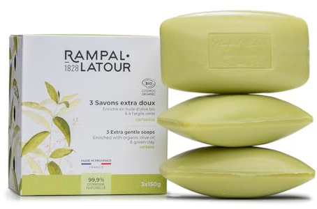 Rampal Latour - 3 überfettende Bio-Seifen – Reinigungsmittel rückfettend und schützt empfindliche Haut – Hände und Körper – angereichert mit Oliven- und Mandelöl – 3 x 150 g (Eisenkraut)