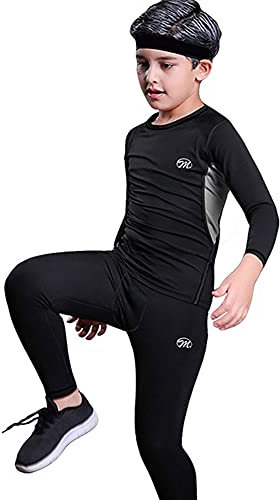 MeetHoo Ensemble de sous-vêtement Thermique Enfant T-Shirt Manches Longues+Caleçon Long Hiver Ski Sport pour Garçon (8-16 Ans),S/135-145cm,Noir