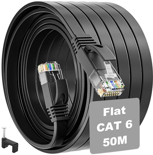 Cable Ethernet 50 Metros, Cable Rj45 Cat 6 Cable de Red Plano Network Gigabit Negro Alta Velocidad Cable Internet 50m para Router Módem