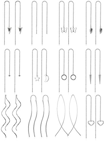 Finrezio 12 Paar Edelstahl Durchzieher Ohrringe für Damen - Mond, Sterne, Kugelkette Einfädler, Twist Wave Lange Hängend