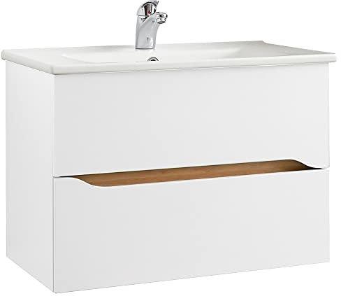 Lomadox Badezimmer Waschtisch mit Keramik Waschbecken in Weiß Glanz mit Weiß Hochglanz, B/H/T ca. 75/53,3/45 cm