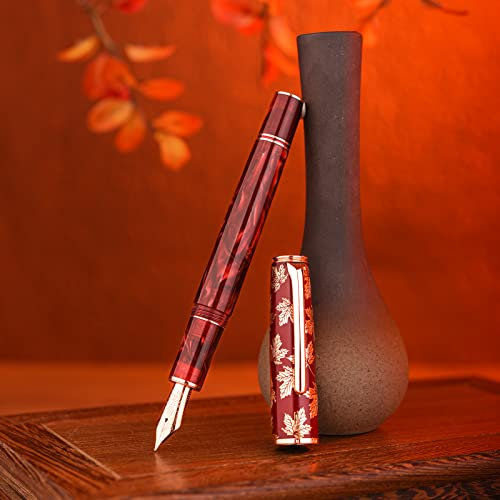 Hongdian N8 roter Füllfederhalter, Iridium-Feder, vergoldete Ahornblattschnitzkappe, glattes Schreiben, Acrylstift mit Konverter und Metallstiftetui-Set