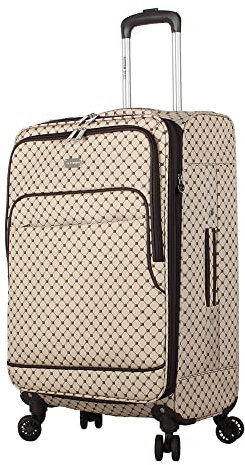 Steve Madden Designer Luggage Collection – Leichter 61 cm erweiterbarer Softside-Koffer – mittelgroße rollende 4-Spinner-Räder, karierte Tasche (Noble Brown/Tan, 24in, Erweiterbarer Softside-Koffer
