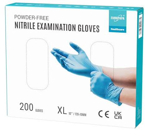 EUROPAPA® Lot de 200 gants jetables en nitrile sans poudre EN455 EN374 - Sans latex - Tailles S, M, L et XL disponibles (XL, Bleu)