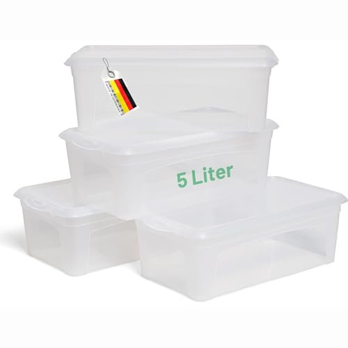 Novaliv 4x Aufbewahrungsboxen mit Deckel 5L transparente Boxen stapelbare Nestbar Storage boxes mit Clipverschluss Kunststoff BPA-frei 34x19x11 cm