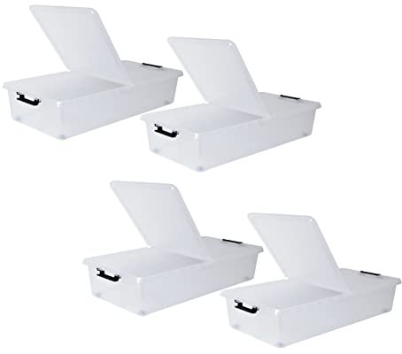 Dynamic24 4er Set Unterbett Kommode mit Rollen 36L 80cm Deckel Spielzeug Box Aufbewahrung Kiste Aufbewahrungsbox Flach Set Unterbettkommoden Unterbettkommode Transparent Bettkasten Clip-Verschlüsse
