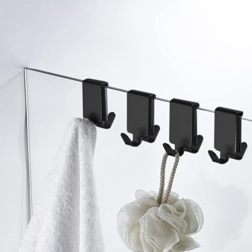 MOKIUER Double Hooks for Glass Shower Door, Towel Hooks Over The Bathroom Glass Wall 0.31-0.39in, Stainless Steel, Black 4 Pack, HH10001BMB4P