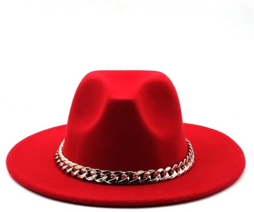 Damen Herren Winter Herbst Fedora Hüte Breite Krempe Dicke Goldkette Band Filzhüte Jazz Cap, Rot, EinheitsgröÃŸe