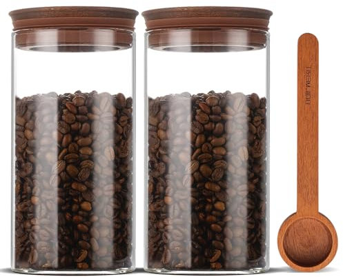 BOILMERIT Vorratsdosen Glas mit Deckel 2er Set, 1200ml Vorratsgläser mit Holz Schaufel für Gemahlenen Kaffee und Küchen Mehl, Weite Mund Luftdichter Vorratsglas für 950g Kaffeebohnen