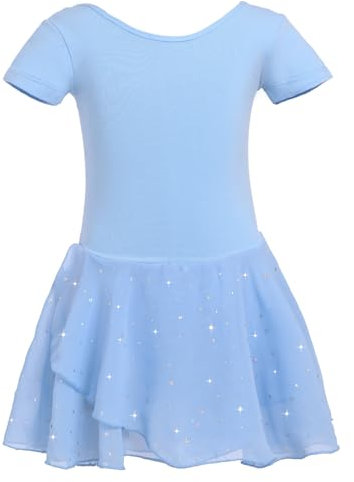 zffriction Ragazza Vestito da Balletto Balletto Leotard Vestito Danza Tutu Body Ginnastica Cotone Manica Corta con Chiffon Gonna per Ragazze(Blu,140)