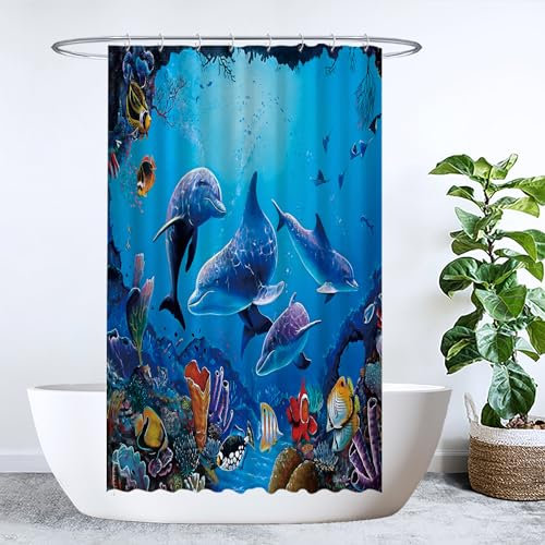 Ulticool Rideau de Douche - Motif Nature Dauphin mer pêche Aquarium Corail - 120 x 200 cm - Anti-moisissure - avec 8 Anneaux - Bleu