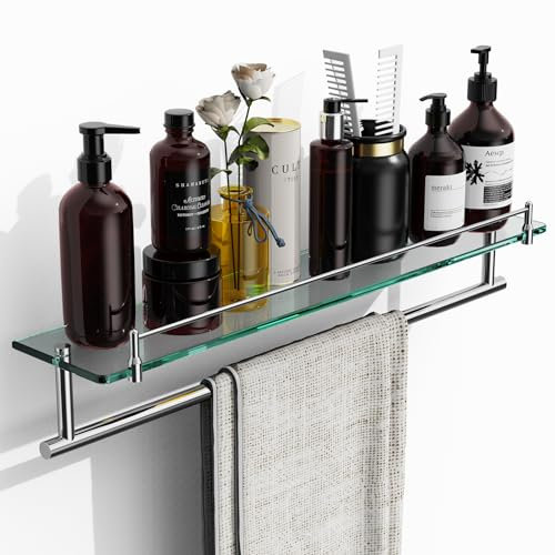 KOCOK Mensola da bagno sospesa in vetro temperato da 61 cm, con barra porta asciugamani, in acciaio inox cromato lucido, montaggio a parete