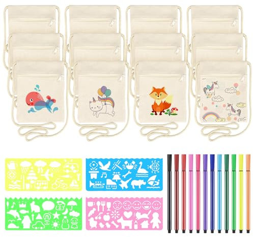 Lvefyti 12 Stück Stoffbeutel zum Bemalen für Kinder, 17×13cm Kinder Umhängegeldbeutel mit 12 Farbe Stiften & 4 Malschablonen, DIY Beige Brustbeutel für Geburtstagsfeier Schule Feier