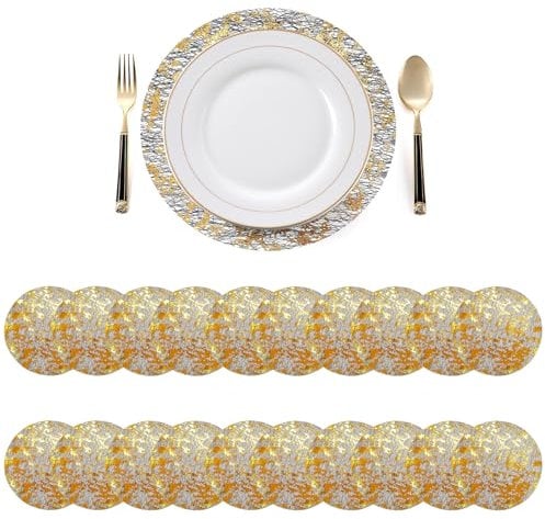 Baoswi 20 Stück Einweg-Tischsets, 33 cm Durchmesser, runde Platzsets, Goldfolien-Netz, gepresste Herbst-Tischsets, goldene Deckchen für Esstisch, Hochzeit, Geburtstag, Party, Urlaub, Heimdekoration