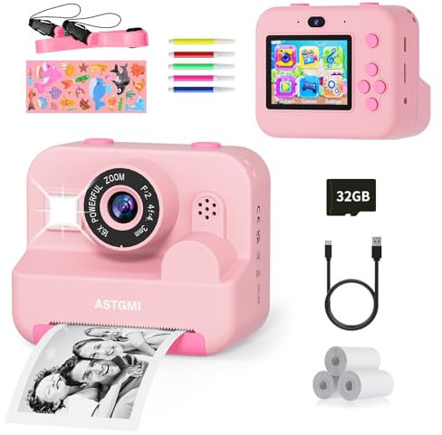 ASTGMI Appareil Photo Instantané, 2.4 Écran Appareil Photo Enfant avec Papier d'impression et Carte 32GB, Mode Selfie et Video, Cadeau Jouet pour Enfant Garçons Filles de 3-14 Ans(Rose)