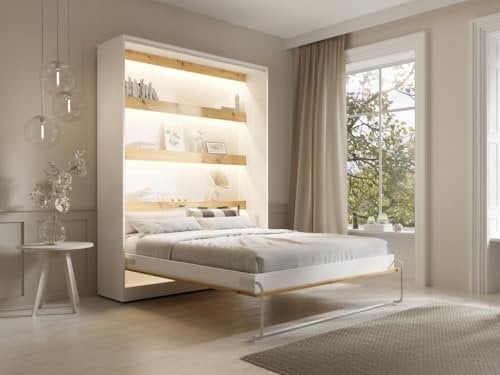 Vente-unique-Schrankbett - 160 x 200 cm - Manuelle vertikale Öffnung - Mit LED-Beleuchtung - Weiß & Holzfarben - RAPILI