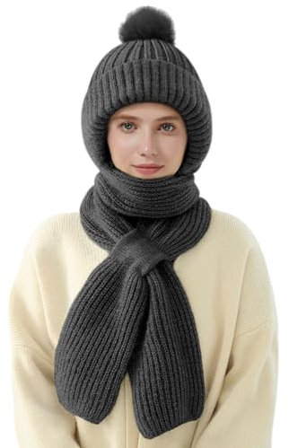 CMTOP Kapuzenschal Damen Winter Multifunktionale Mützenschal Damen Integrierter Schalmütze Ohrenschutz Winddichte 2 in 1 Wintermütze und Schal Damen(Dunkelgrau,Einheitsgröße)