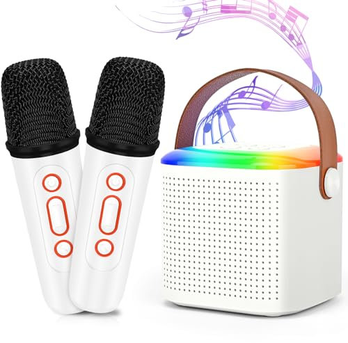 Mamowla Karaoke con Microfono Wireless Bambini, Microfono Karaoke Giocattoli con 2 Microfoni Wireless Bluetooth, Microfono Wireless Karaoke con Luce LED Portatile per Principianti/Bambini, Bianco