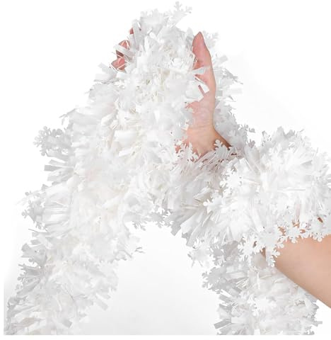 YINZZTRY Weihnachtsbaum Lametta Girlande, 5 x 2M Weiß Schneeflocken Tannengirlande, Metallische Lametta Girlanden, für Türen Kamine Treppen Wand Tür Kamin, Weiß