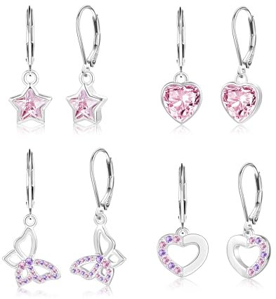 ALEXCRAFT Silber 925 Ohrringe Hängend Französische Ohrhänger Tropfenohrringe Glänz Silber 925 Creolen mit Zirkon Rosa Stein Kleine Creolen mit Herz Schmetterling Stern Anhänger Ohrringe Set Damen