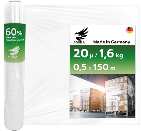 AQUILA EcoGreen Stretchfolie Made in Germany, Verpackungsfolie 50cm x 20 My, aus 100% wiederverwertetem Material, transparent, 150m ungedehnt, 1 Stück