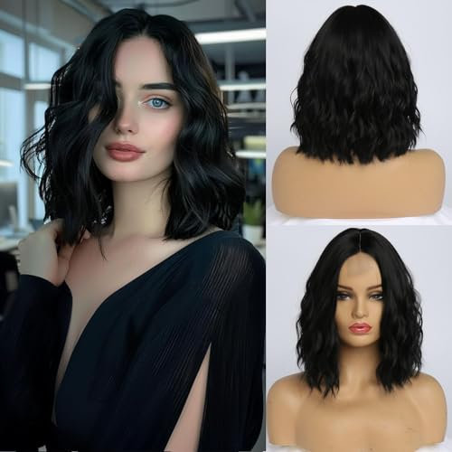 SIMKAYLEE Gewellt Schwarzer Kurze Perücke ohne Pony Damen Perrücke Frauen Schwarz Schulterlang Locken Perücke Bob Schwarz Mittelscheitel für Alltag Party Cosplay Karneval Fasching Anime (36cm)