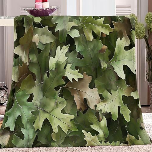 Kuscheldecke 3D für Sofa, Grün weiche Mikrofaser Flanelldecke Für Kinder Erwachse 130 x 150 cm dekorative Wohndecke Camouflage Eichenblätter Fällt Nicht ab Fleecedecke Bettüberwurf