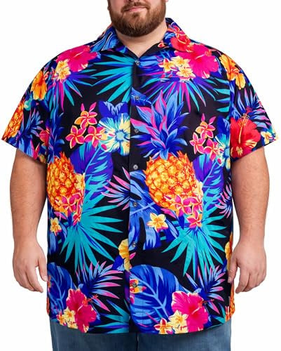 King Kameha Hawaiihemd Herren Kurzarm - Hawaii Hemd Männer Ananas - Hemd Herren Kurzarm Hawaii Outfit - Hawaiian Shirts for Men - Pineapple, Schwarz/Blau, 10XL